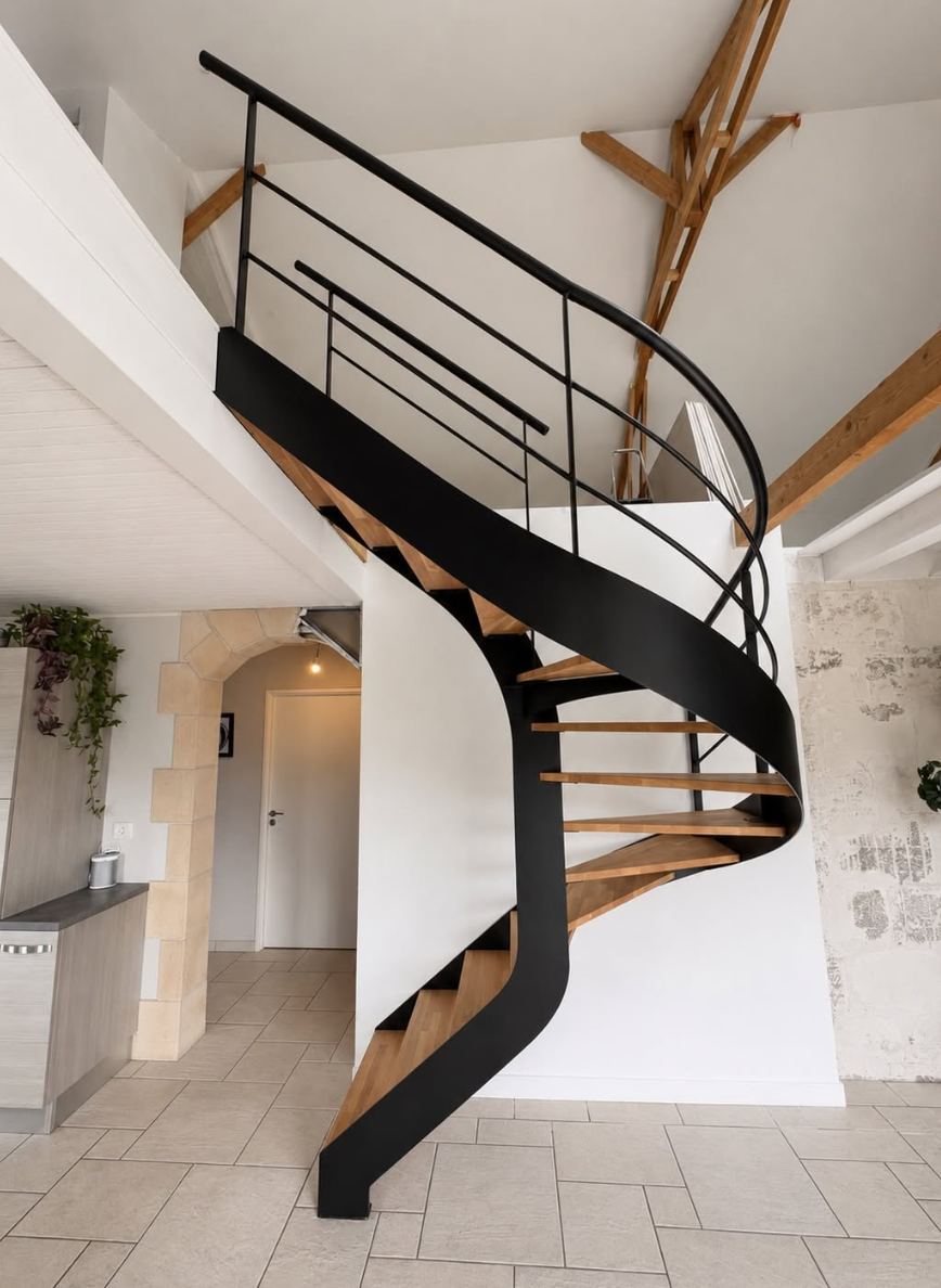 Escalier hélicoïdal sur mesure acier et bois dans un loft à Grenoble
